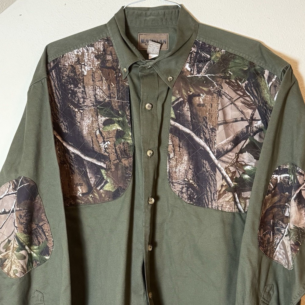 Magellan Sportswear Camo Shooting Shirt Sz XL Green Hunting Elbow Patch Realtree